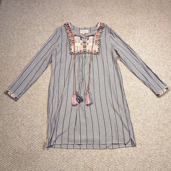 Philosophy Embroidered Boho Tunic Dress Womens Large Stripes Festival Tassels - Picture 1 of 9